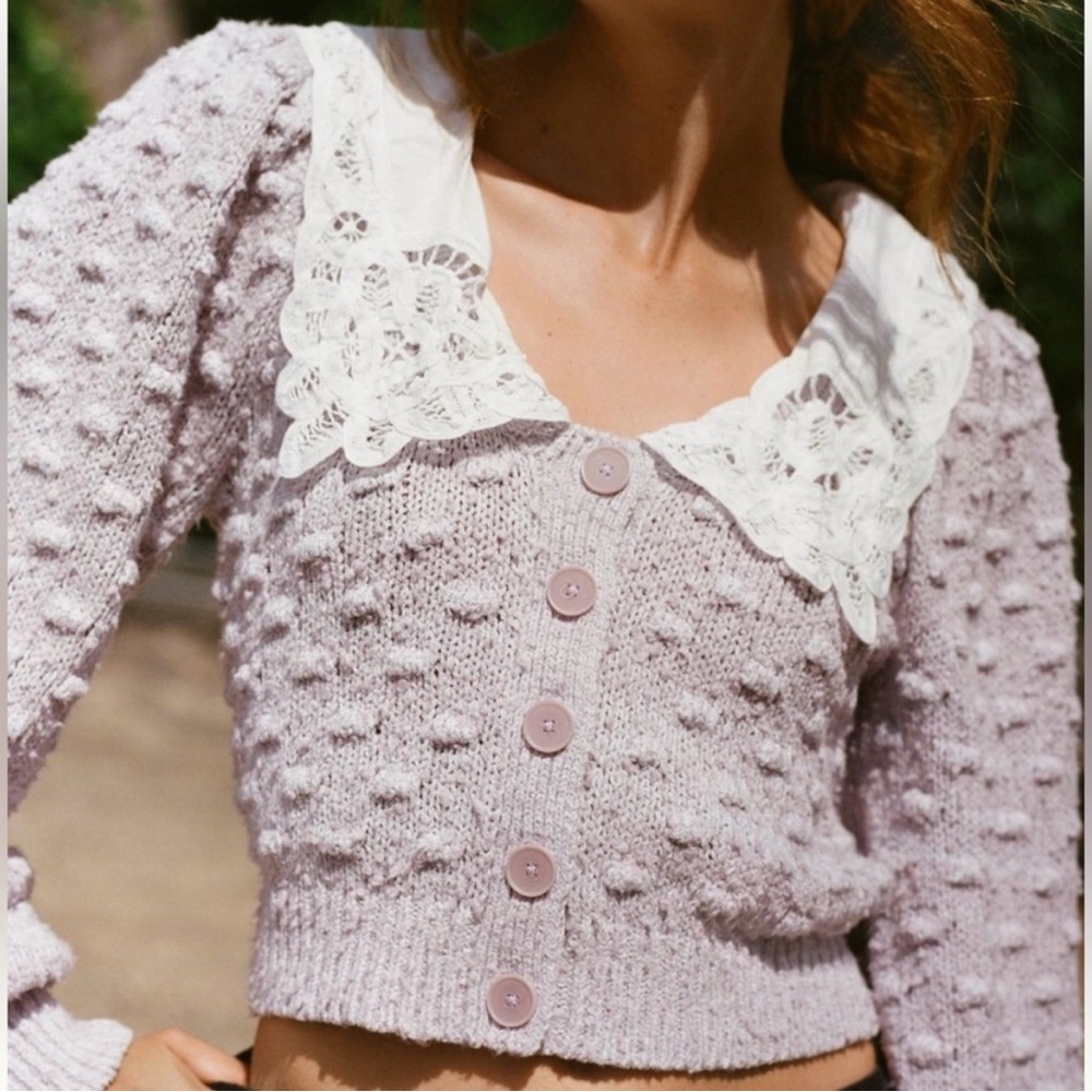 Anthropologie Lilac Textured Cardigan with Lace Detail